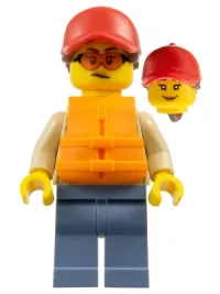 LEGO Woman - Red Cap, Reddish Brown Ponytail, Orange Life Jacket, Sand Blue Legs minifigure