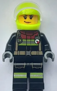 LEGO Fire - Female, Black Jacket and Legs with Reflective Stripes and Red Collar, Neon Yellow Helmet, Trans-Clear Visor minifigure