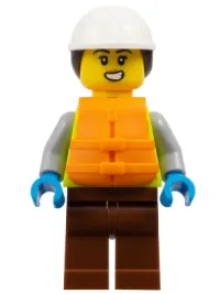 LEGO Dock Worker - Female, Neon Yellow Safety Vest, Reddish Brown Legs, White Construction Helmet with Dark Brown Ponytail Hair, Orange Life Jacket minifigure