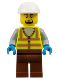 LEGO Dock Worker - Male, Neon Yellow Reflective Vest, Reddish Brown Legs, White Construction Helmet, Goatee minifigure