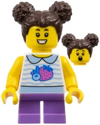 LEGO Child - Girl, White Collared Shirt with Fruit, Medium Lavender Short Legs, Dark Brown Hair with Buns minifigure