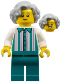 LEGO Harbor Shop Worker - Female, Light Bluish Gray Hair, White Shirt with Stripes, Dark Turquoise Legs minifigure