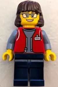 LEGO Forklift Driver - Female, Red Vest over Sand Blue Shirt, Dark Blue Legs, Dark Brown Hair minifigure