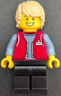 LEGO Forklift Driver - Male, Red Vest over Sand Blue Shirt, Black Legs, Tan Hair minifigure