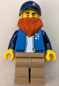 LEGO LEGO Truck Driver - Male, Blue Jacket over White Shirt, Dark Tan Legs, Dark Blue Cap, Dark Orange Beard minifigure