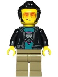 LEGO Sports Car Driver - Male, Black Jacket over Dark Turquoise Shirt with Hawk Head Logo, Dark Tan Legs, Black Hair, Sunglasses minifigure