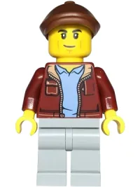 LEGO Car Transporter Driver - Male, Dark Red Jacket, Light Bluish Gray Legs, Reddish Brown Flat Cap minifigure