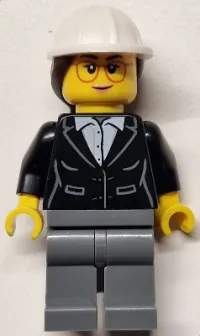 LEGO Construction Engineer / Architect - Female, Black Suit Jacket with White Button Up Shirt, Dark Bluish Gray Legs, White Construction Helmet with Dark Brown Ponytail Hair, Glasses minifigure