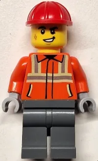 LEGO Construction Worker - Male, Reddish Orange Safety Jacket with Reflective Stripes, Dark Bluish Gray Legs, Red Construction Helmet minifigure