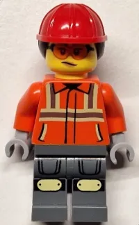 LEGO Construction Worker - Female, Reddish Orange Safety Jacket with Reflective Stripes, Dark Bluish Gray Legs with Knee Pads, Red Construction Helmet with Dark Brown Ponytail Hair, Safety Glasses minifigure