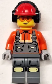 LEGO Construction Worker - Male, Reddish Orange Safety Jacket, Reflective Stripe, Dark Bluish Gray Overalls, Red Construction Helmet with Black Ear Protectors / Headphones, Safety Glasses minifigure