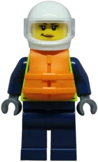 LEGO Police - City Officer Female, Neon Yellow Safety Vest, Dark Blue Legs, White Helmet, Trans-Clear Visor, Orange Life Jacket minifigure