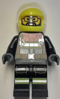 LEGO Fire - Male, Black Jacket and Legs with Reflective Stripes and Red Collar, Neon Yellow Helmet, Trans-Clear Visor minifigure