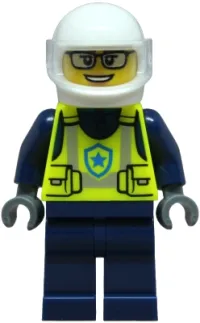 LEGO Police - City Officer Female, Neon Yellow Safety Vest, Dark Blue Legs, White Helmet, Trans-Clear Visor minifigure