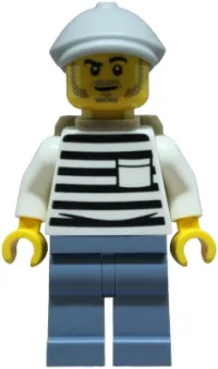 LEGO Police - City Jail Prisoner Male, White Shirt with Pocket and Black Stripes, Sand Blue Legs, Light Bluish Gray Flat Cap, Dark Tan Backpack minifigure