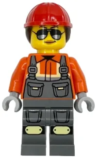 LEGO Construction Worker - Female, Dark Bluish Gray Overalls over Reddish Orange Safety Jacket with Reflective Stripes, Dark Bluish Gray Legs with Knee Pads, Red Construction Helmet with Dark Brown Ponytail Hair, Sunglasses minifigure