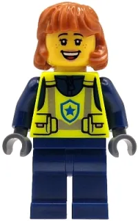 LEGO Police - City Officer Female, Neon Yellow Safety Vest, Dark Blue Legs, Dark Orange Mid Length Hair minifigure