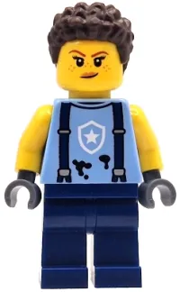 LEGO Police Mechanic - Female, Bright Light Blue Shirt with Suspenders, Black Splotches and White Star Badge Logo, Dark Blue Legs, Dark Brown Coiled Hair minifigure