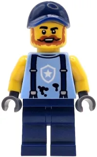 LEGO Police Mechanic - Male, Bright Light Blue Shirt with Suspenders, Black Splotches and White Star Badge Logo, Dark Blue Legs and Cap, Dark Orange Beard minifigure