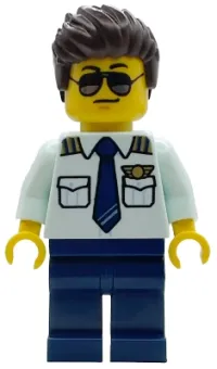LEGO Air Ambulance Pilot - Male, Light Aqua Shirt with Tie, Dark Blue Legs, Dark Brown Hair, Sunglasses minifigure