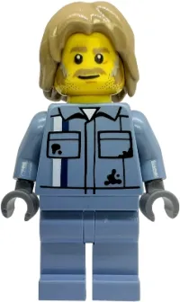 LEGO Tow Truck Driver - Male, Sand Blue Mechanic Uniform, Sand Blue Legs, Dark Tan Mid-Length Tousled Hair minifigure