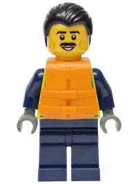 LEGO Police - City Officer Male, Neon Yellow Safety Vest, Dark Blue Legs, Black Combed Back Hair, Orange Life Jacket, Moustache minifigure