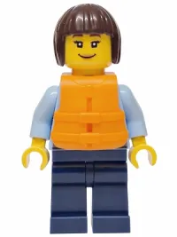 LEGO Police - City Officer Female, Bright Light Blue Uniform with Dark Bluish Gray Belt, Dark Blue Legs, Dark Brown Bob Cut Hair, Orange Life Jacket minifigure