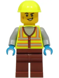 LEGO Train Worker - Male, Neon Yellow Safety Vest with Reflective Stripes, Reddish Brown Legs, Neon Yellow Construction Helmet minifigure