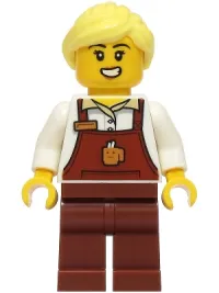LEGO Barista - Female, Reddish Brown Apron with Cup and Name Tag, Reddish Brown Legs, Bright Light Yellow Ponytail minifigure