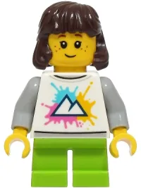 LEGO Child - Girl, White Shirt with Mountains Logo, Lime Short Legs, Dark Brown Hair minifigure