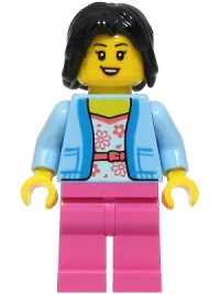LEGO Passenger - Female, Bright Light Blue Jacket over White Shirt with Coral Flowers, Dark Pink Legs, Black Hair minifigure