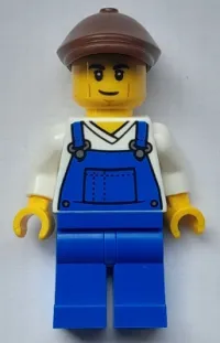 LEGO Farmer - Male, Blue Overalls over V-Neck Shirt, Blue Legs, Reddish Brown Flat Cap minifigure