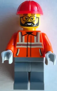 LEGO Construction Worker - Male, Reddish Orange Safety Jacket with Reflective Stripes, Dark Bluish Gray Legs, Red Construction Helmet, Beard minifigure
