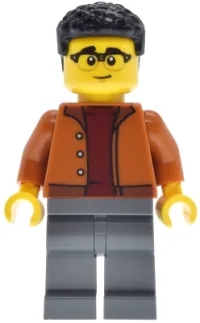 LEGO EV Supercar Driver - Male, Dark Orange Jacket, Dark Bluish Gray Legs, Black Coiled Hair minifigure