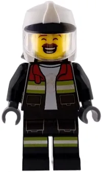 LEGO Fire - Male, Black Open Jacket and Legs with Reflective Stripes and Red Collar, White Fire Helmet, Trans-Clear Visor, Reddish Brown Moustache minifigure