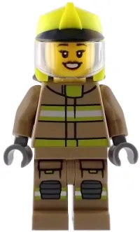 LEGO Fire - Female, Dark Tan Jacket and Legs with Reflective Stripes, Neon Yellow Fire Helmet, Trans-Clear Visor, Open Mouth Smile minifigure