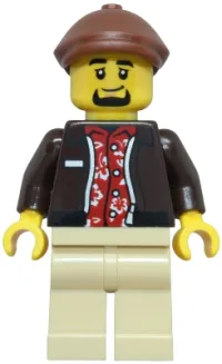 LEGO Taxi Driver - Male, Dark Brown Jacket over Red Hawaiian Shirt, Tan Legs, Reddish Brown Flat Cap minifigure