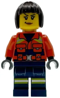 LEGO Coast Guard City - Female, Reddish Orange Jacket with Pockets and Reflective Stripes, Dark Blue Legs with Pockets and Reflective Stripes, Dark Brown Bob Cut Hair minifigure
