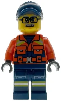 LEGO Coast Guard City - Male, Reddish Orange Jacket with Pockets and Reflective Stripes, Dark Blue Legs with Pockets and Reflective Stripes, Dark Blue Cap, Glasses and Moustache minifigure