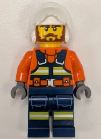 LEGO Coast Guard City Helicopter Pilot - Male, Reddish Orange Jacket with Dark Blue Safety Vest, Dark Blue Legs with Pockets and Reflective Stripes, White Flight Helmet minifigure