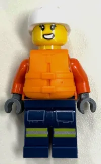 LEGO Coast Guard City - Female, Reddish Orange Jacket with Pockets and Reflective Stripes, Dark Blue Legs with Pockets and Reflective Stripes, Orange Life Jacket, White Sports Helmet minifigure