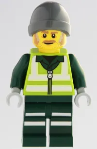 LEGO Recycling Worker - Male, Lime Safety Jacket with Reflective Stripes, Dark Green Legs with Reflective Stripes, Dark Bluish Gray Beanie minifigure