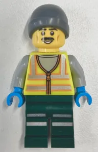 LEGO Snowplow Driver - Male, Neon Yellow Safety Vest with Reflective Stripes, Dark Green Legs with Reflective Stripes, Gray Beanie minifigure