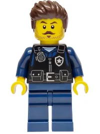 LEGO Police - City Officer Male, Black Safety Vest with Silver Star Badge Logo, Dark Blue Legs, Dark Brown Wavy Hair minifigure