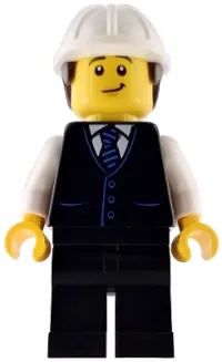 LEGO Construction Engineer / Architect - Male, Black Vest with Blue Striped Tie, Black Legs, White Construction Helmet with Dark Brown Hair, Lopsided Grin minifigure