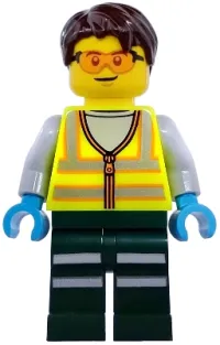 LEGO Service Truck Driver - Male, Neon Yellow Safety Vest with Reflective Stripes, Dark Green Legs with Reflective Stripes, Dark Brown Hair minifigure