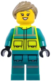 LEGO Paramedic - Female, Dark Turquoise and Neon Yellow Safety Vest, Legs with Silver Reflective Stripes, Dark Tan Hair minifigure