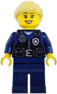 LEGO Airport Security Guard - Female, Black Safety Vest with Silver Star Badge Logo, Dark Blue Legs, Bright Light Yellow Hair Ponytail minifigure