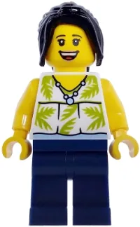 LEGO Plane Passenger - Female, White Sleeveless Top with Lime Palm Leaves, Dark Blue Legs, Black Hair Ponytail minifigure