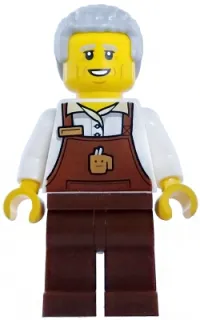 LEGO Barista - Male, Reddish Brown Apron with Cup and Name Tag, Reddish Brown Legs, Light Bluish Gray Hair Coiled minifigure